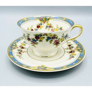 Royal Ivory KPM Chesly Footed Cup & Saucer Blue Floral Gold Trim Czech Germany